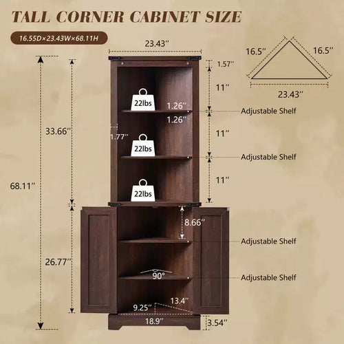 AMERLIFE Armoire d'angle de ferme de 172 cm, Armoire de rangement haute avec porte coulissante type grange