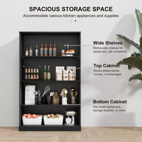 Armoire de rangement décorative de 48,5 po en bois veiné noir, sans portes, avec 4 étagères