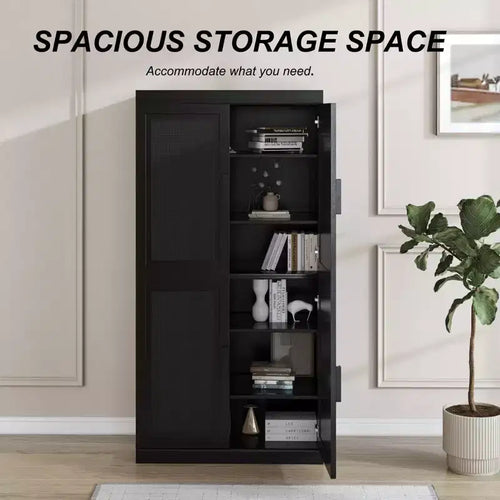 Meuble de rangement décoratif à 6 étages en grain de bois noir 62 avec porte en osier