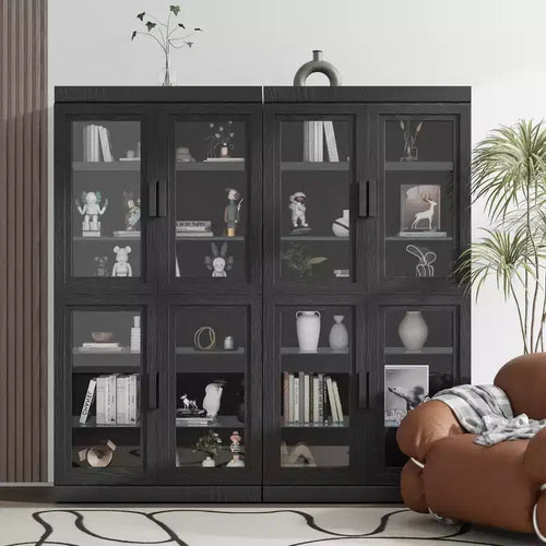 Meuble de rangement décoratif/vitrine en verre noir et grain de bois de 62 po, avec suffisamment d'espace pour 12 étagères