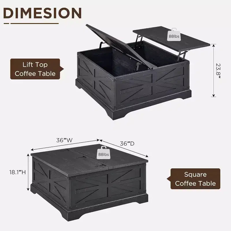 Table Basse Relevable SinCiDo Farmhouse, Table Carrée de 36 po avec Grand Compartiment de Rangement Caché, Table de Salon/Salle à Manger en Bois Rustique