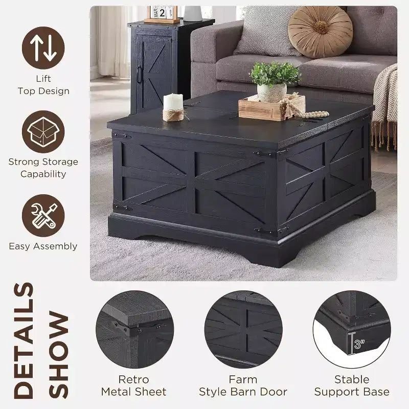 Table Basse Relevable SinCiDo Farmhouse, Table Carrée de 36 po avec Grand Compartiment de Rangement Caché, Table de Salon/Salle à Manger en Bois Rustique