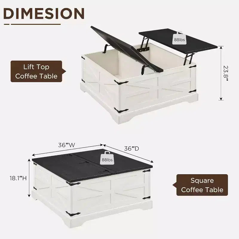 Table Basse Relevable SinCiDo Farmhouse, Table Carrée de 36 po avec Grand Compartiment de Rangement Caché, Table de Salon/Salle à Manger en Bois Rustique