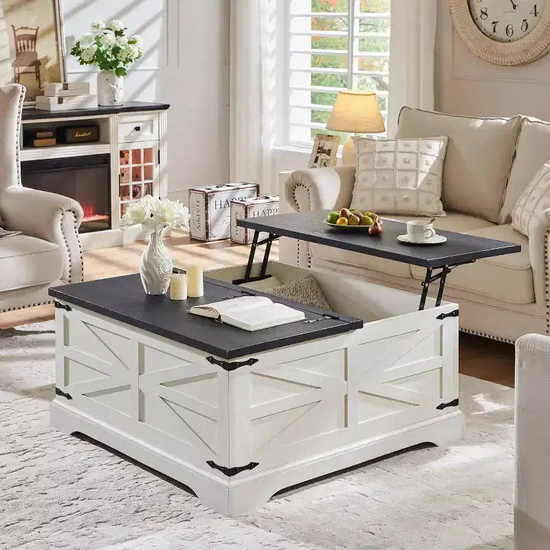 Table Basse Relevable SinCiDo Farmhouse, Table Carrée de 36 po avec Grand Compartiment de Rangement Caché, Table de Salon/Salle à Manger en Bois Rustique