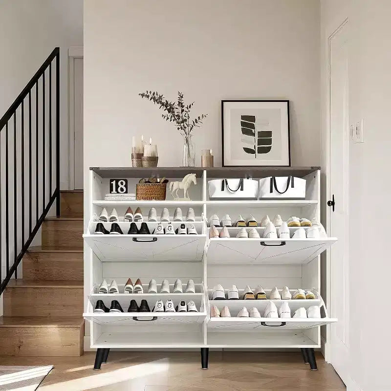 Meuble à chaussures de ferme Acekool avec 4 tiroirs basculants et rangement ouvert, organisateur d'entrée étroit et étagère à chaussures pour couloir et salon