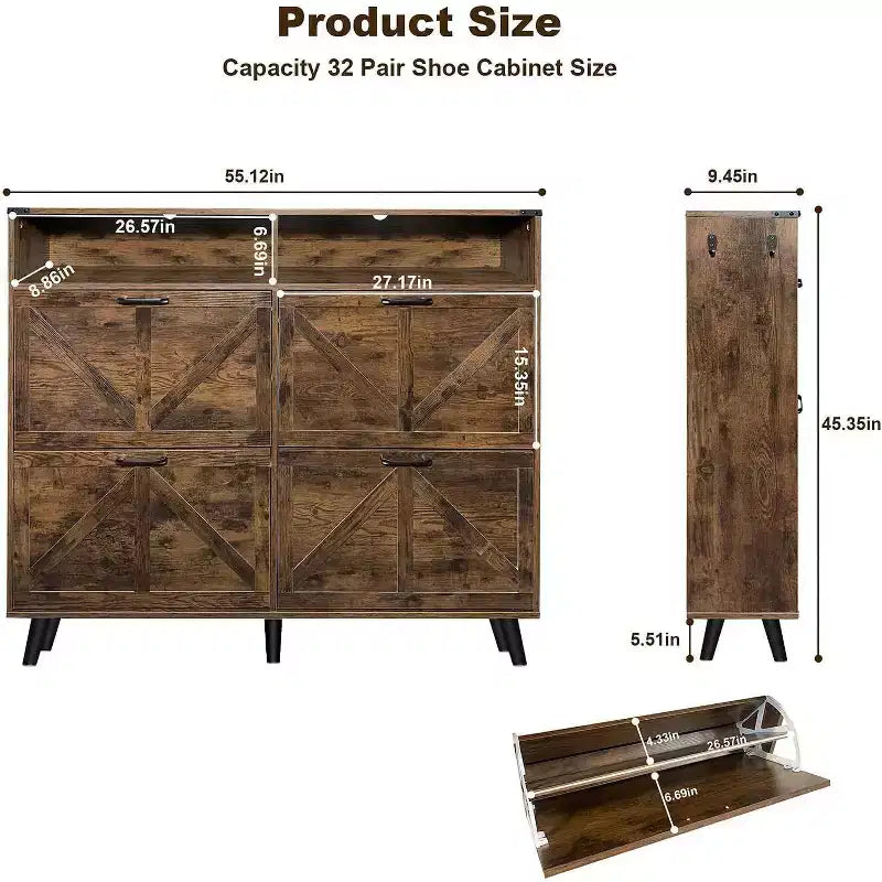 Meuble à chaussures de ferme Acekool avec 4 tiroirs basculants et rangement ouvert, organisateur d'entrée étroit et étagère à chaussures pour couloir et salon