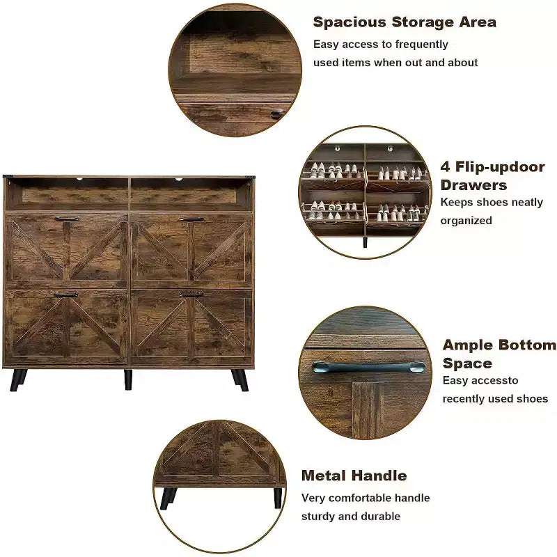 Meuble à chaussures de ferme Acekool avec 4 tiroirs basculants et rangement ouvert, organisateur d'entrée étroit et étagère à chaussures pour couloir et salon