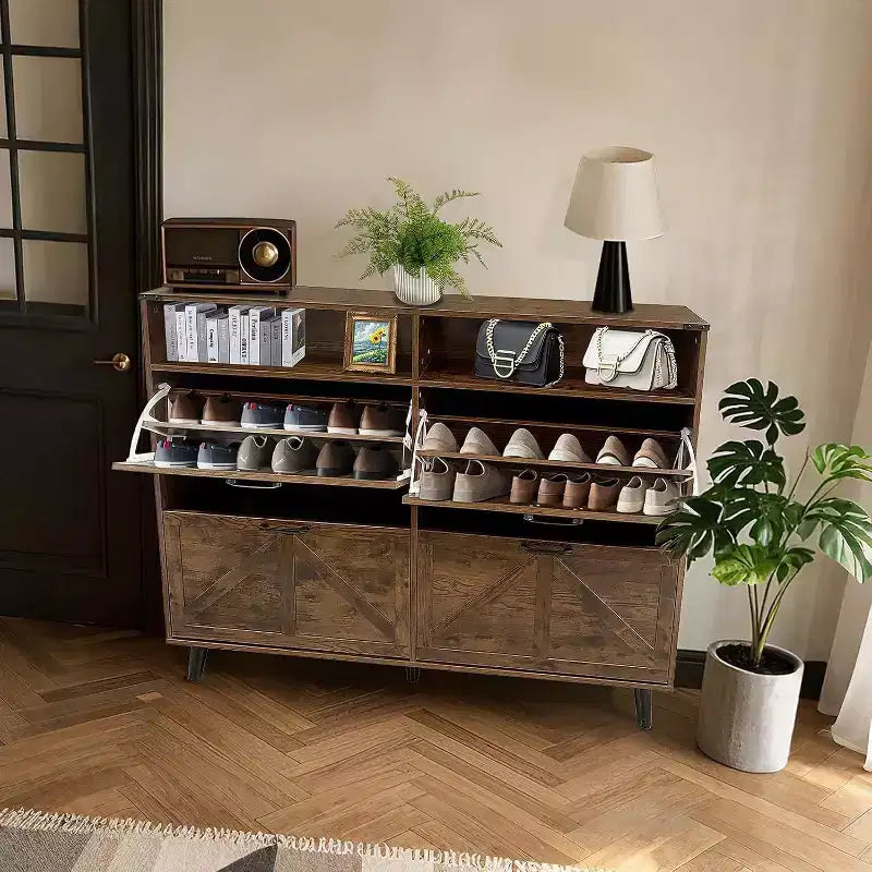 Meuble à chaussures de ferme Acekool avec 4 tiroirs basculants et rangement ouvert, organisateur d'entrée étroit et étagère à chaussures pour couloir et salon