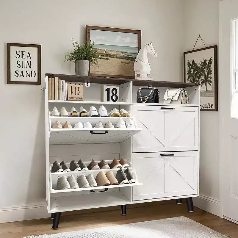Meuble à chaussures de ferme Acekool avec 4 tiroirs basculants et rangement ouvert, organisateur d'entrée étroit et étagère à chaussures pour couloir et salon