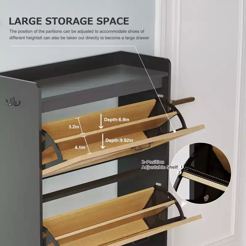 Meuble à chaussures Acekool avec 2 tiroirs basculants et rangement ouvert, pieds de support réglables, poignées métalliques, organisateur d'entrée