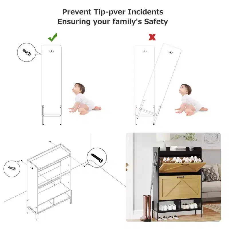 Meuble à chaussures Acekool avec 2 tiroirs basculants et rangement ouvert, pieds de support réglables, poignées métalliques, organisateur d'entrée
