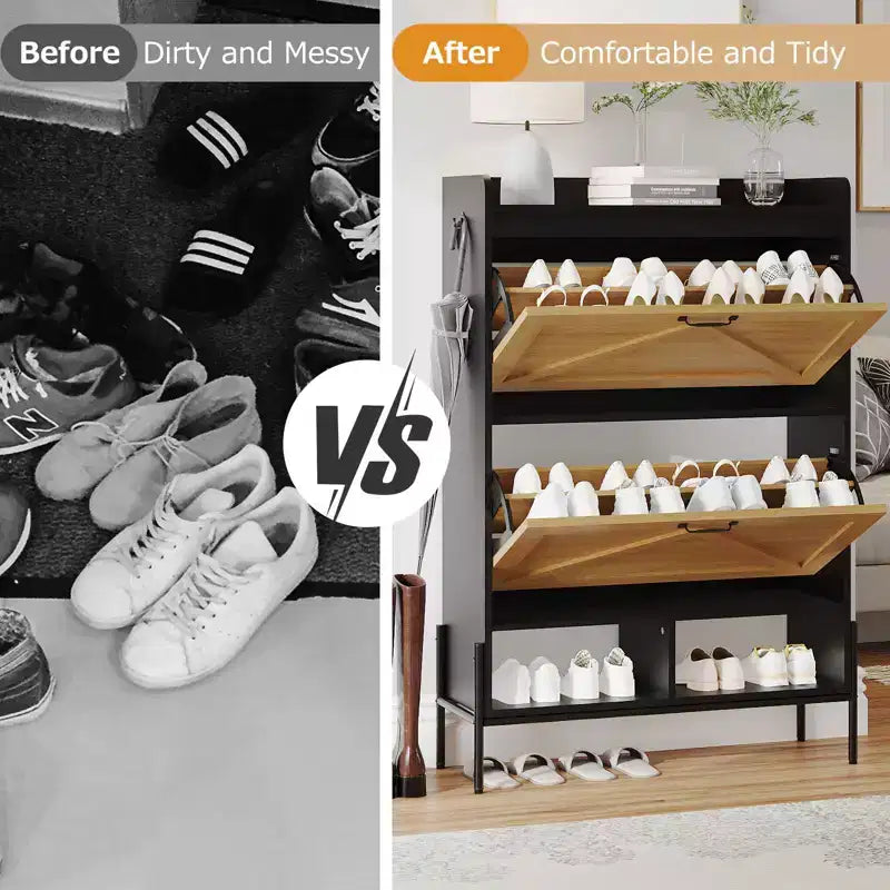Meuble à chaussures Acekool avec 2 tiroirs basculants et rangement ouvert, pieds de support réglables, poignées métalliques, organisateur d'entrée