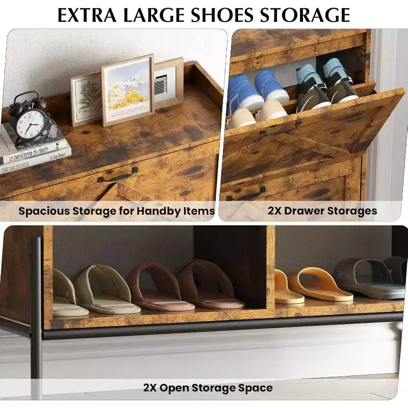 Meuble à chaussures Acekool avec 2 tiroirs basculants et rangement ouvert, pieds de support réglables, poignées métalliques, organisateur d'entrée