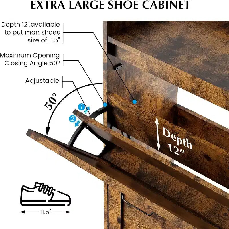 Meuble à chaussures Acekool avec 2 tiroirs basculants et rangement ouvert, pieds de support réglables, poignées métalliques, organisateur d'entrée