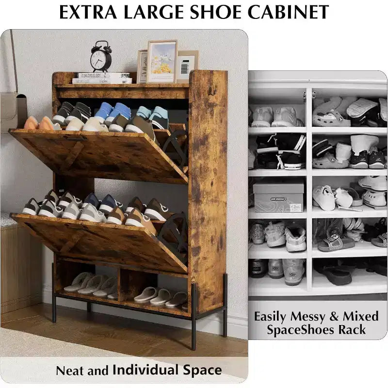 Meuble à chaussures Acekool avec 2 tiroirs basculants et rangement ouvert, pieds de support réglables, poignées métalliques, organisateur d'entrée
