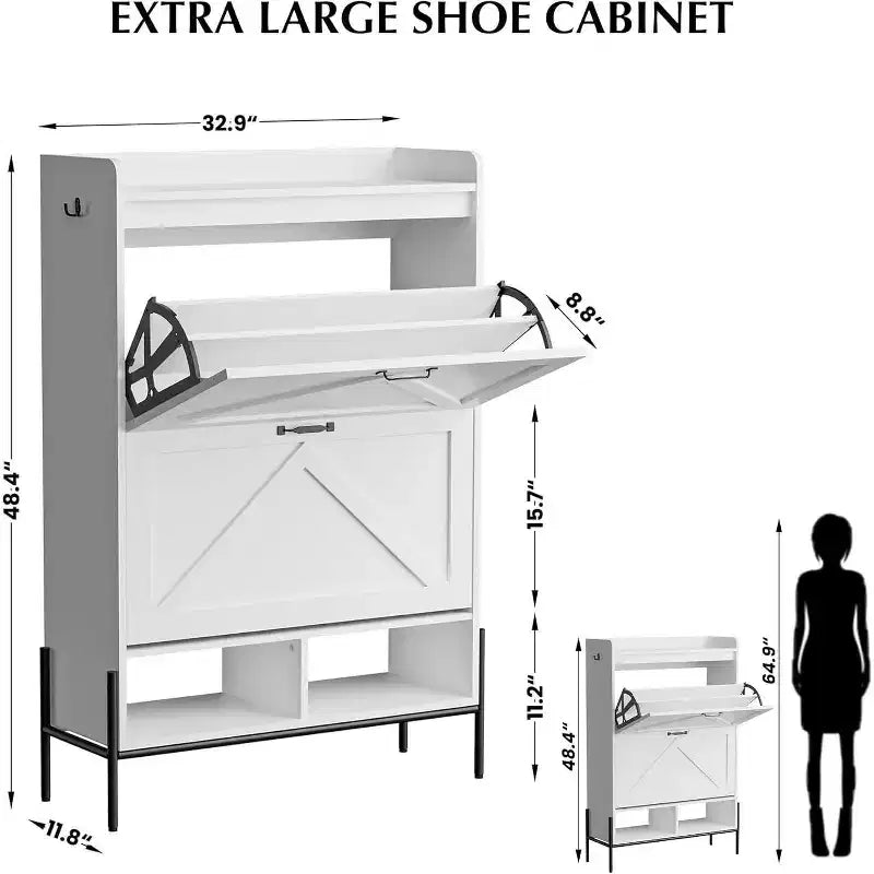 Meuble à chaussures Acekool avec 2 tiroirs basculants et rangement ouvert, pieds de support réglables, poignées métalliques, organisateur d'entrée