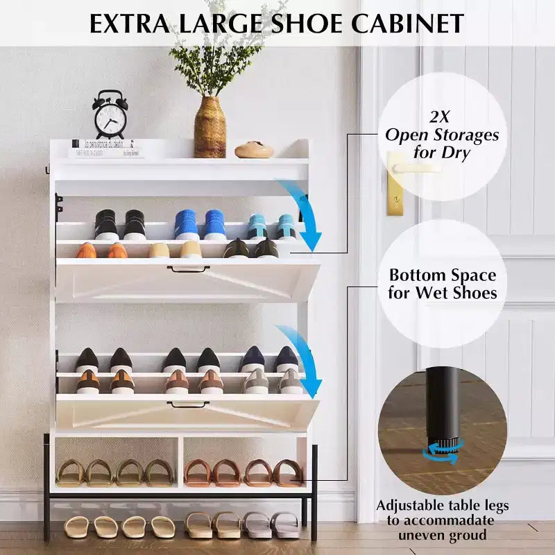 Meuble à chaussures Acekool avec 2 tiroirs basculants et rangement ouvert, pieds de support réglables, poignées métalliques, organisateur d'entrée