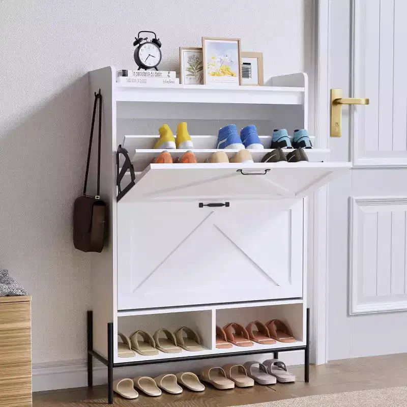 Meuble à chaussures Acekool avec 2 tiroirs basculants et rangement ouvert, pieds de support réglables, poignées métalliques, organisateur d'entrée