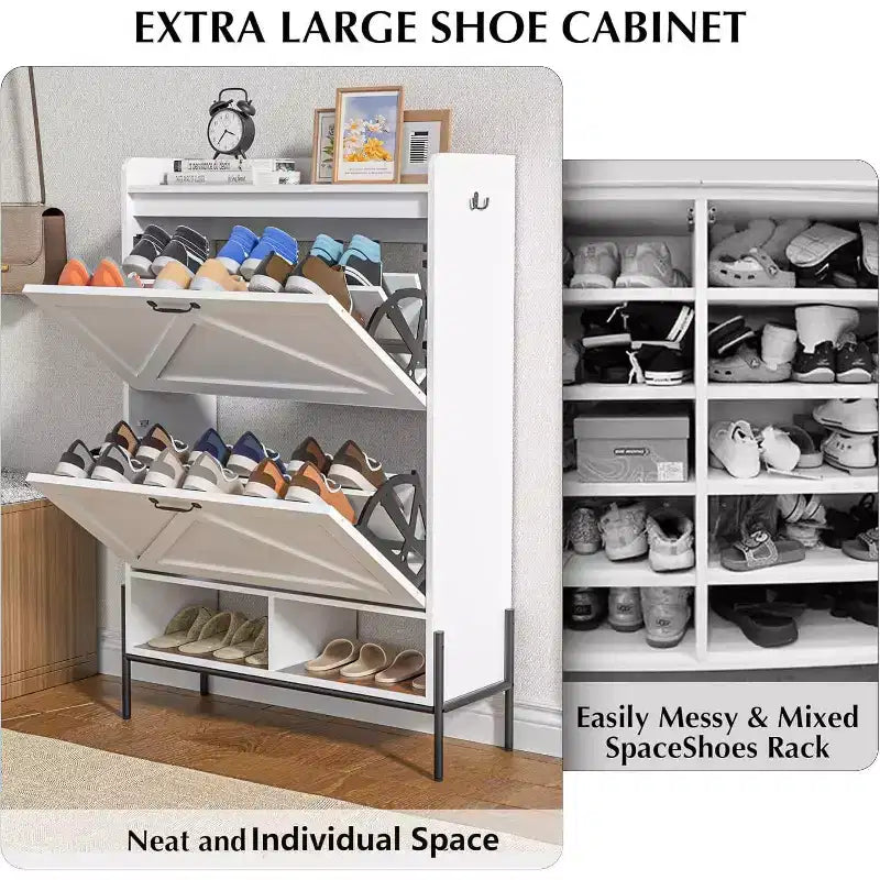 Meuble à chaussures Acekool avec 2 tiroirs basculants et rangement ouvert, pieds de support réglables, poignées métalliques, organisateur d'entrée