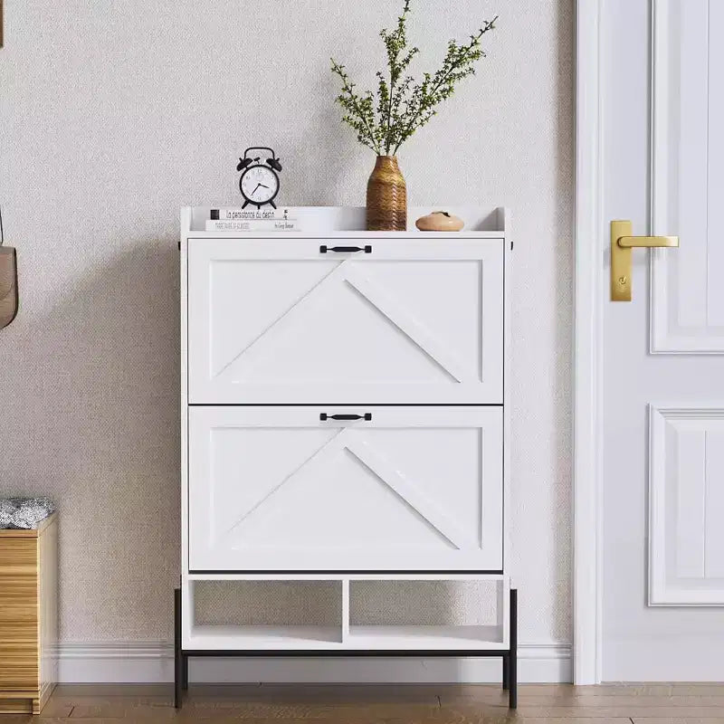 Meuble à chaussures Acekool avec 2 tiroirs basculants et rangement ouvert, pieds de support réglables, poignées métalliques, organisateur d'entrée