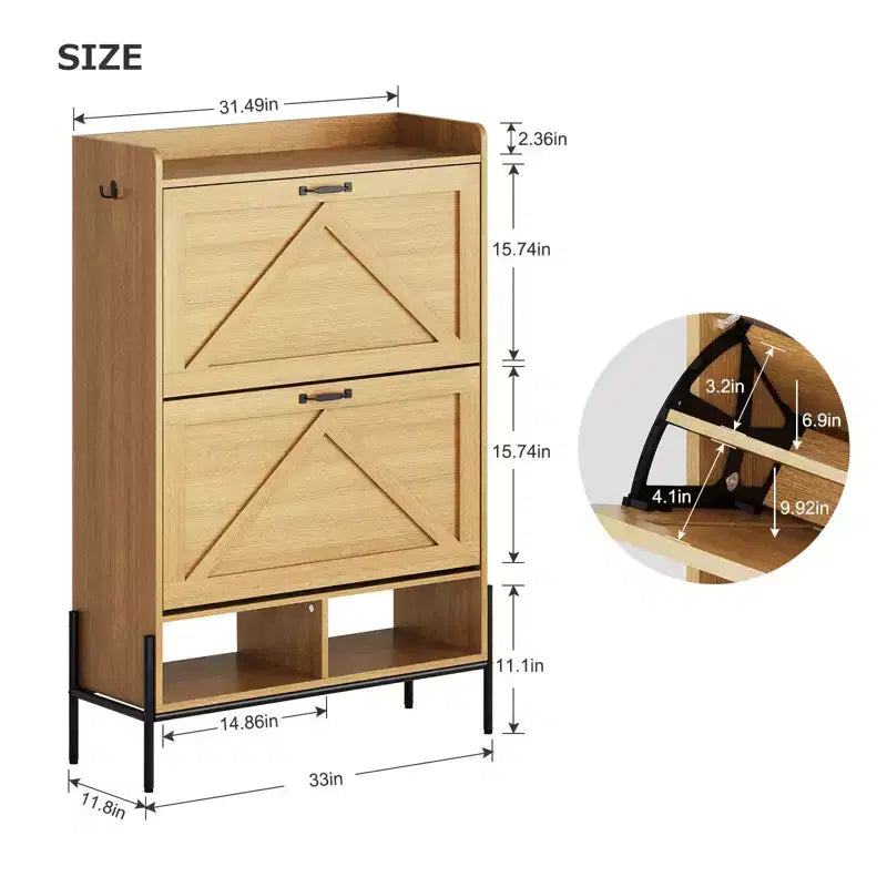 Meuble à chaussures Acekool avec 2 tiroirs basculants et rangement ouvert, pieds de support réglables, poignées métalliques, organisateur d'entrée
