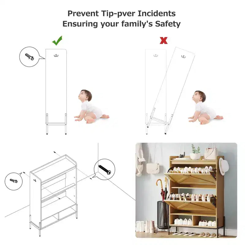 Meuble à chaussures Acekool avec 2 tiroirs basculants et rangement ouvert, pieds de support réglables, poignées métalliques, organisateur d'entrée