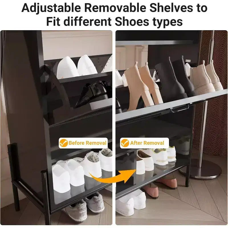 Meuble à chaussures Acekool avec 2 tiroirs basculants et rangement ouvert, pieds de support réglables, poignées métalliques, organisateur d'entrée