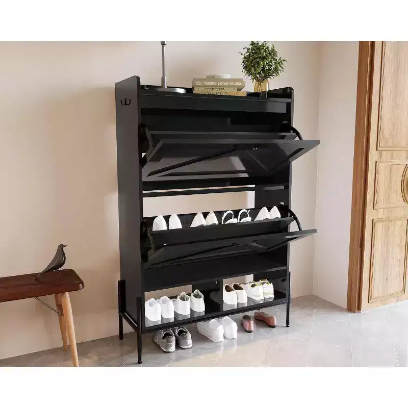 Meuble à chaussures Acekool avec 2 tiroirs basculants et rangement ouvert, pieds de support réglables, poignées métalliques, organisateur d'entrée