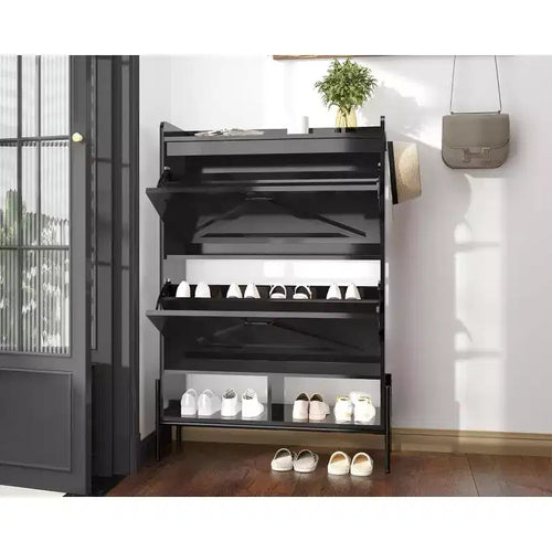 Acekool Shoe Cabinet with 2 Flip-Up Drawers & Open Storage, Adjustable Support Legs, Metal Knobs, Entryway Organizer