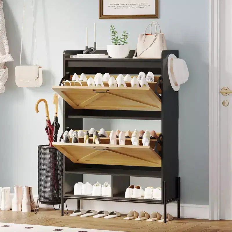 Meuble à chaussures Acekool avec 2 tiroirs basculants et rangement ouvert, pieds de support réglables, poignées métalliques, organisateur d'entrée