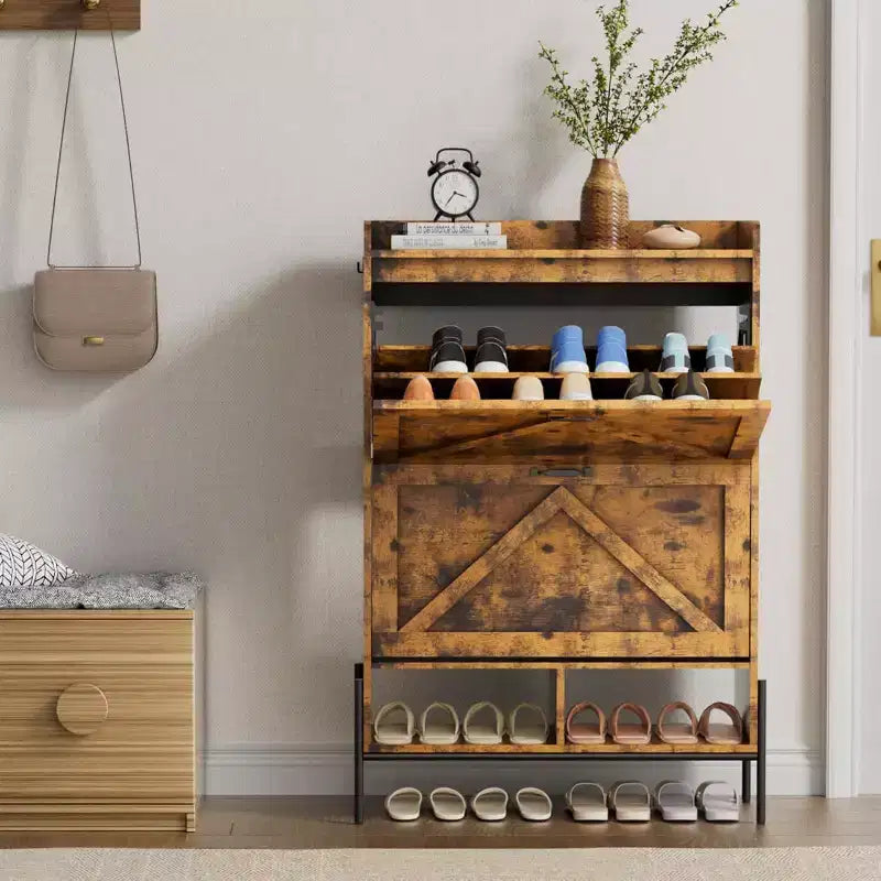 Meuble à chaussures Acekool avec 2 tiroirs basculants et rangement ouvert, pieds de support réglables, poignées métalliques, organisateur d'entrée