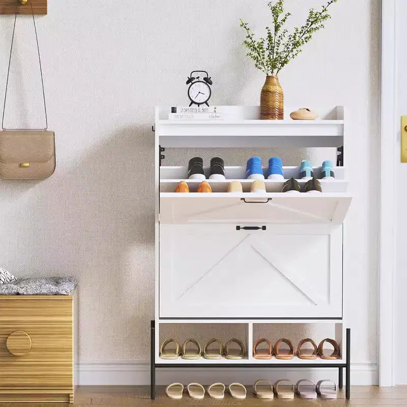 Meuble à chaussures Acekool avec 2 tiroirs basculants et rangement ouvert, pieds de support réglables, poignées métalliques, organisateur d'entrée