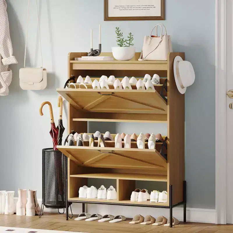 Meuble à chaussures Acekool avec 2 tiroirs basculants et rangement ouvert, pieds de support réglables, poignées métalliques, organisateur d'entrée