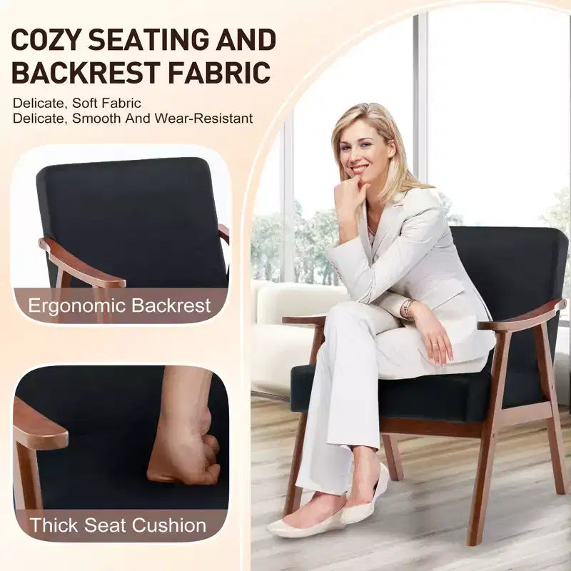 Fauteuil d'appoint Okak avec dossier extra-épais pour chambre à coucher, fauteuil de salon en bois massif pour salon, appartement