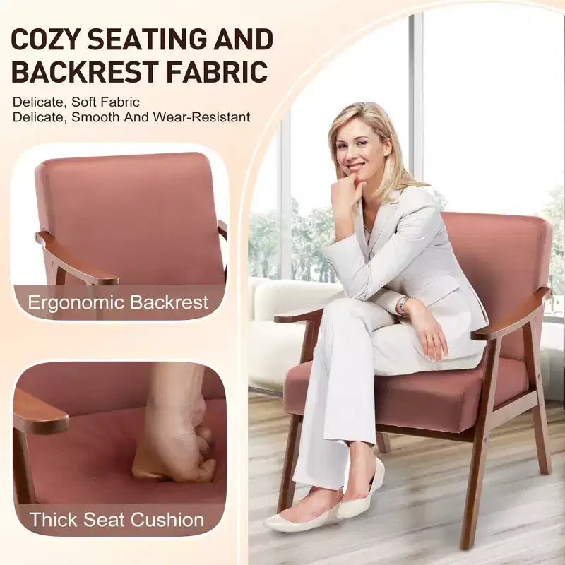 Fauteuil d'appoint Okak avec dossier extra-épais pour chambre à coucher, fauteuil de salon en bois massif pour salon, appartement