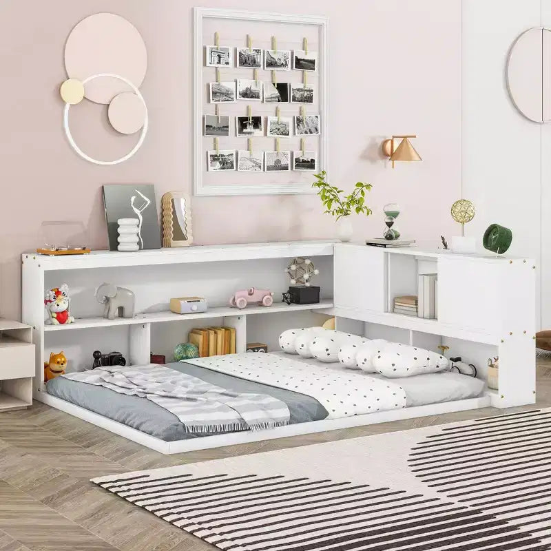 Cadre de lit plateforme Okak pleine grandeur avec bibliothèques en L, lit de rangement au sol pour chambre d'enfant