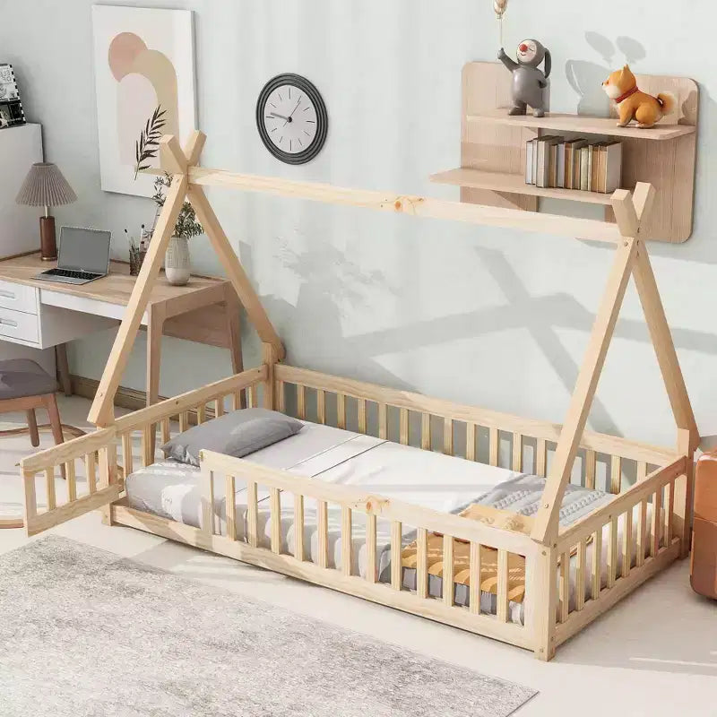 Okak Lit au sol simple/double avec toit amovible en forme de tente et rails de sécurité à 360° pour les tout-petits de 2 à 6 ans, lit pour enfants facile à monter, chambre d'enfant