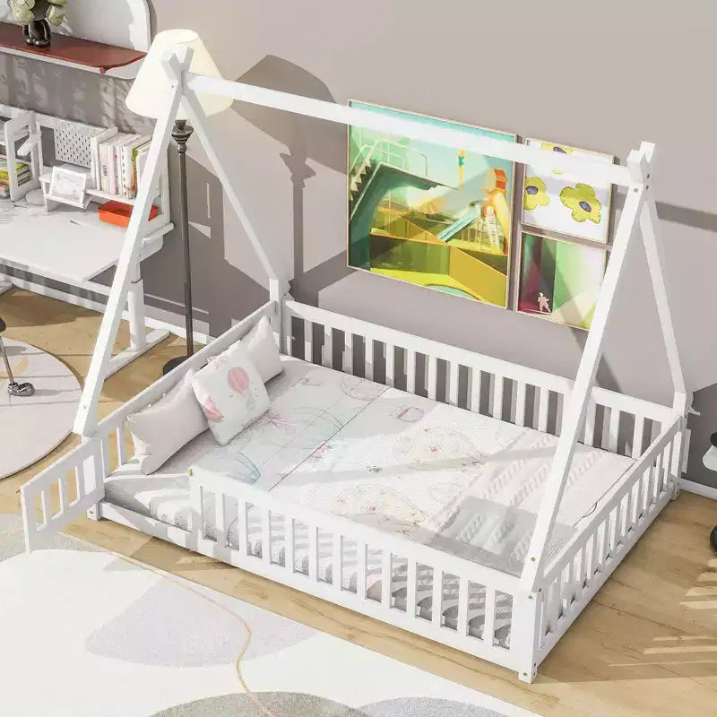 Okak Lit au sol simple/double avec toit amovible en forme de tente et rails de sécurité à 360° pour les tout-petits de 2 à 6 ans, lit pour enfants facile à monter, chambre d'enfant