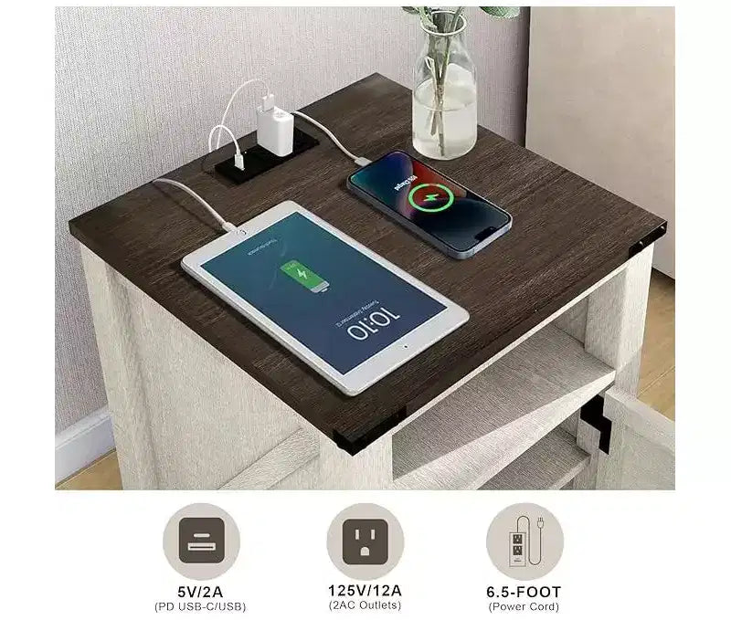 MUUEGM 24 Table d'appoint de ferme | Table de chevet avec station de charge, porte et étagère de rangement