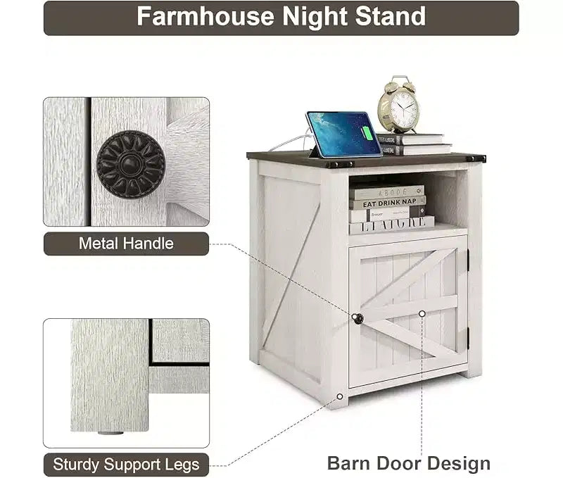 MUUEGM 24 Table d'appoint de ferme | Table de chevet avec station de charge, porte et étagère de rangement