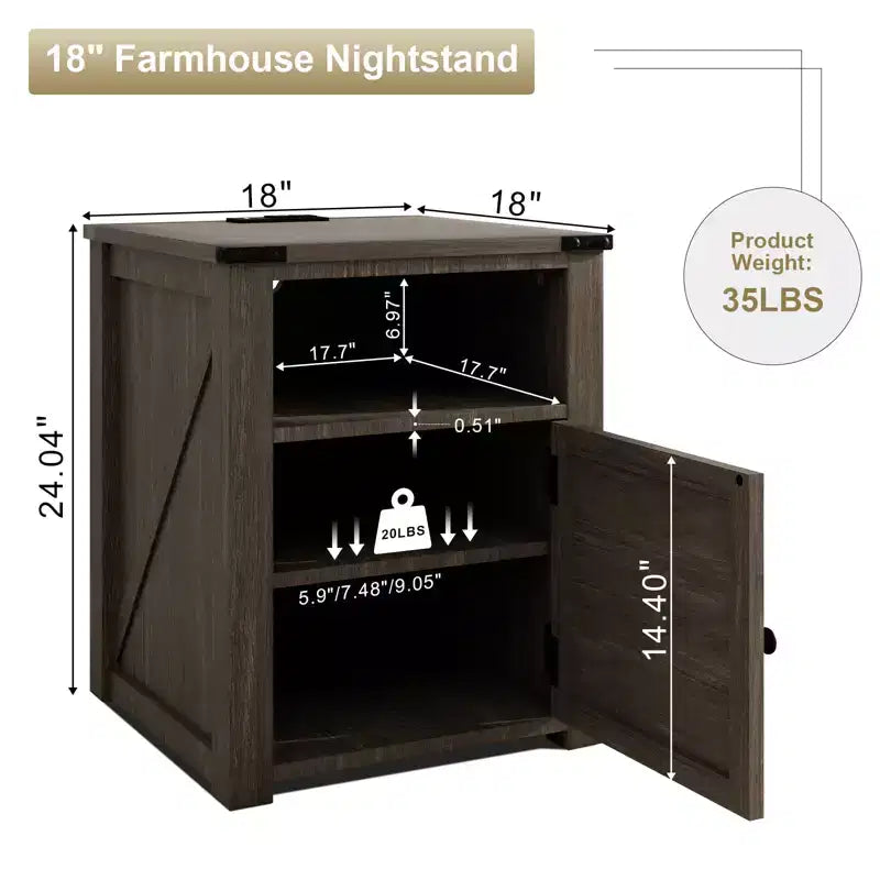 MUUEGM 24 Table d'appoint de ferme | Table de chevet avec station de charge, porte et étagère de rangement