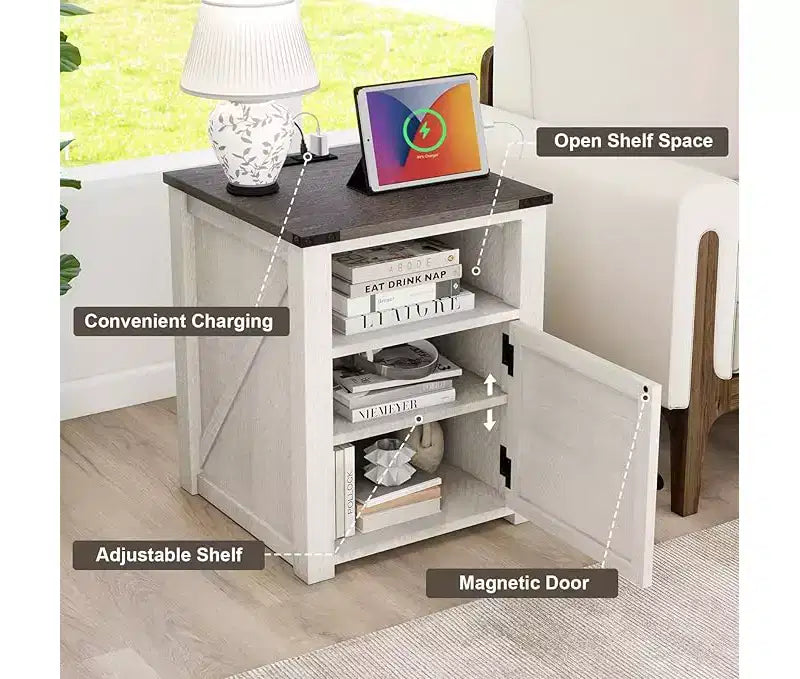 MUUEGM 24 Table d'appoint de ferme | Table de chevet avec station de charge, porte et étagère de rangement