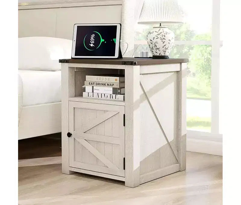 MUUEGM 24 Table d'appoint de ferme | Table de chevet avec station de charge, porte et étagère de rangement