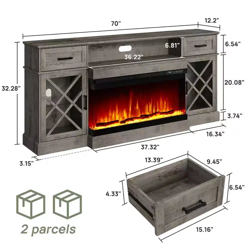 Meuble TV de ferme AMERLIFE avec cheminée LED et cheminée en verre à 3 côtés
