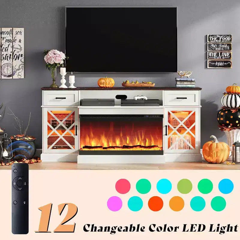 Meuble TV de ferme AMERLIFE avec cheminée LED et cheminée en verre à 3 côtés