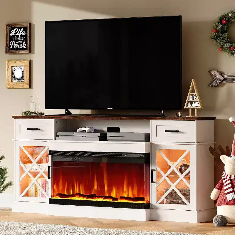 Meuble TV de ferme AMERLIFE avec cheminée LED et cheminée en verre à 3 côtés