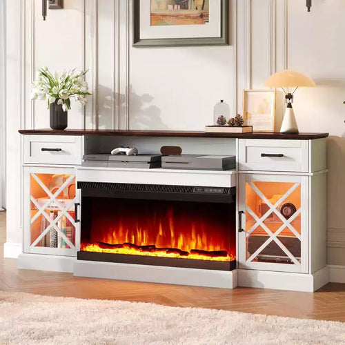 AMERLIFE Farmhouse LED Fireplace TV Stand with 3-Sided Glass Fireplace