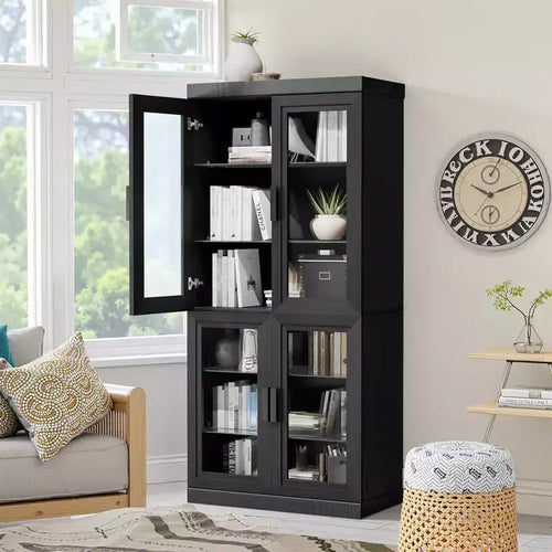 67x31x16 Wood Accent Sideboard Cabinet in Black, Storage Organizer with Adjustable Shelves and Glass Doors for Kitchen Bedroom Living/Dinning Room