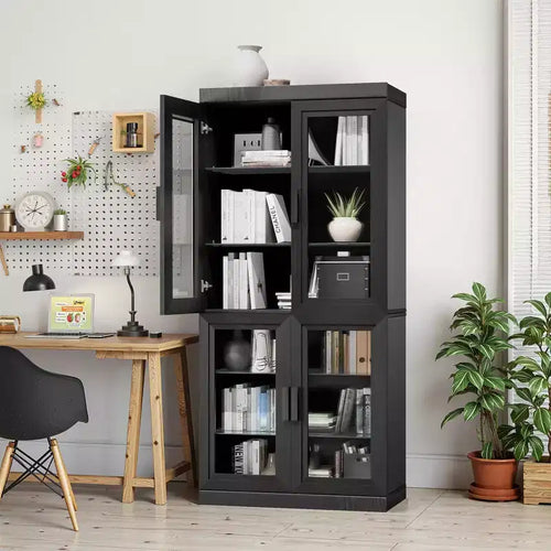 Buffet d'appoint en bois noir 67x31x16, organisateur de rangement avec étagères réglables et portes vitrées pour cuisine, chambre, salon/salle à manger