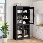 Buffet d'appoint en bois noir 67x31x16, organisateur de rangement avec étagères réglables et portes vitrées pour cuisine, chambre, salon/salle à manger